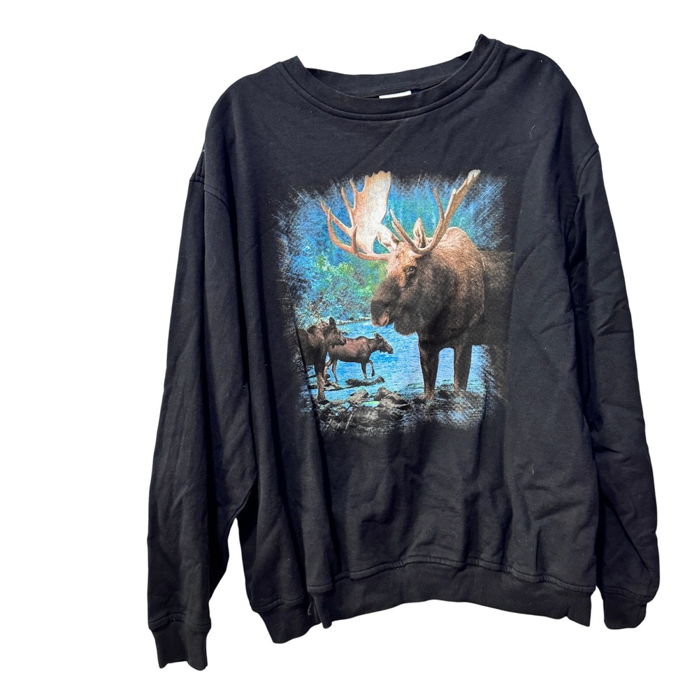 R&R SPORT‎ vintage Mens Black Moose Graphic crewneck Sweatshirt Size 2XL